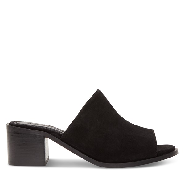 black woven heeled mules