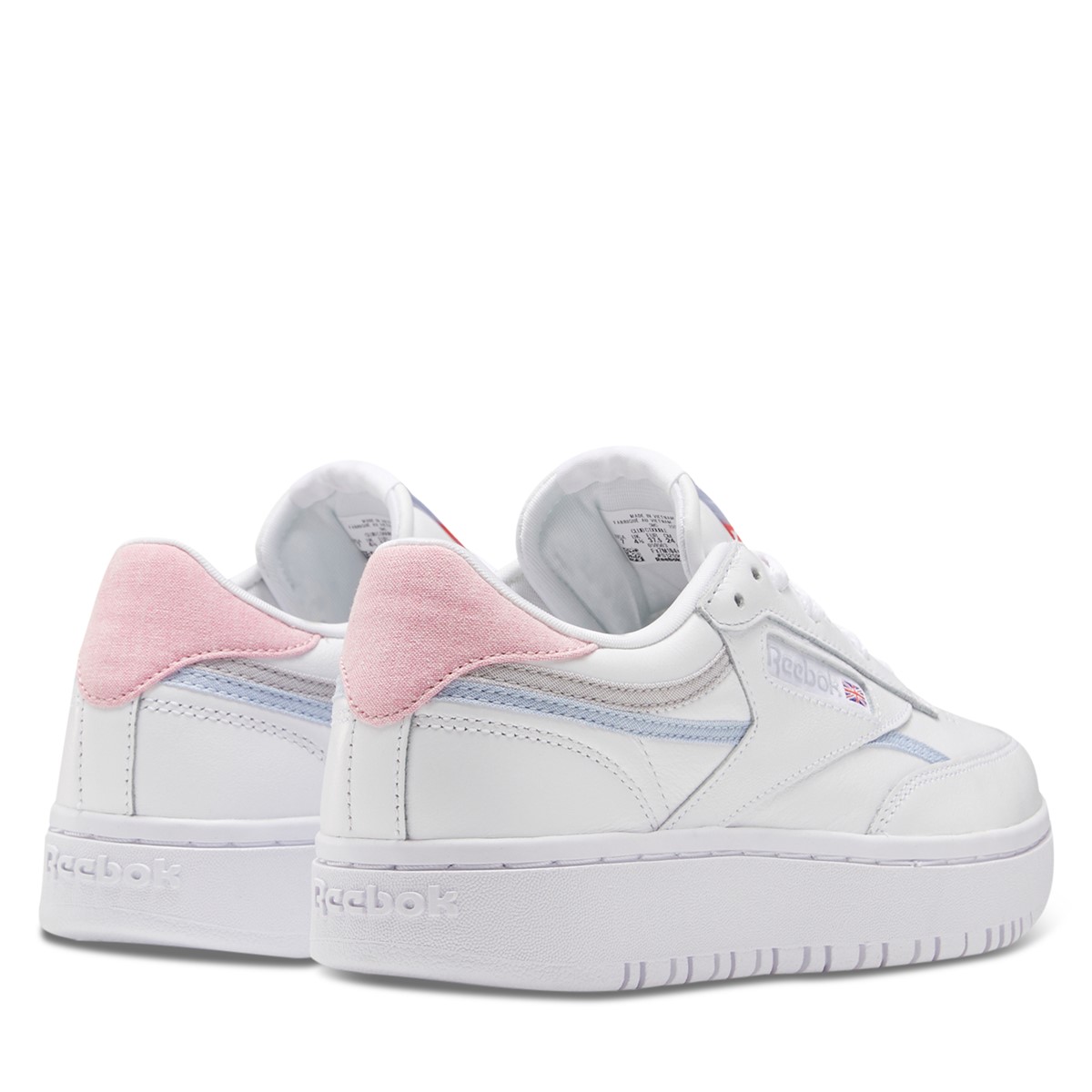 reebok club c double heart sneakers in white and lilac