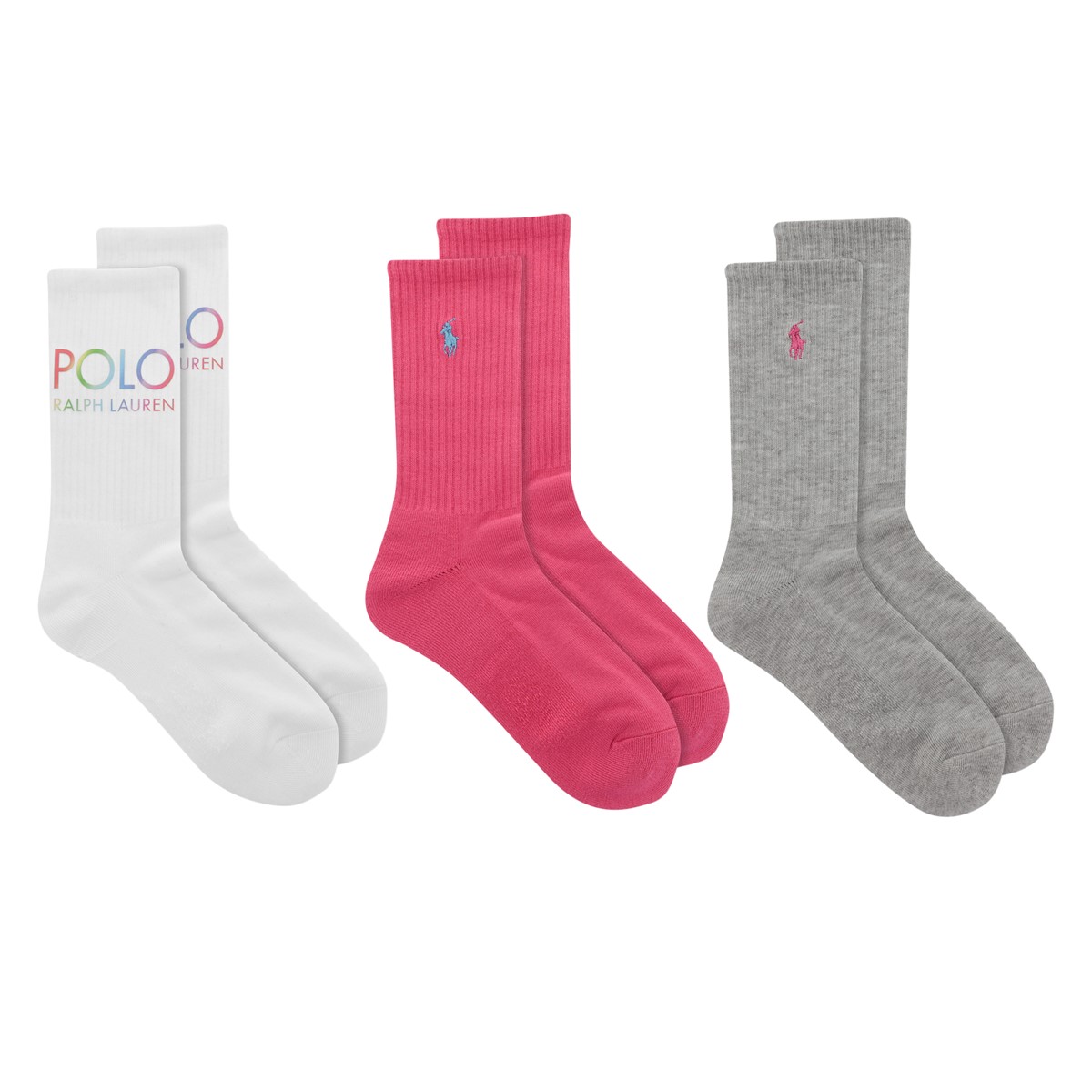 Women's Three Pack Watercolor Crew Socks in White/Grey/Pink