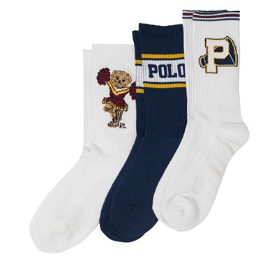 Kids' Three Pack Polo Cheerleader Girl Bear Crew Socks in Ivory/Blue
