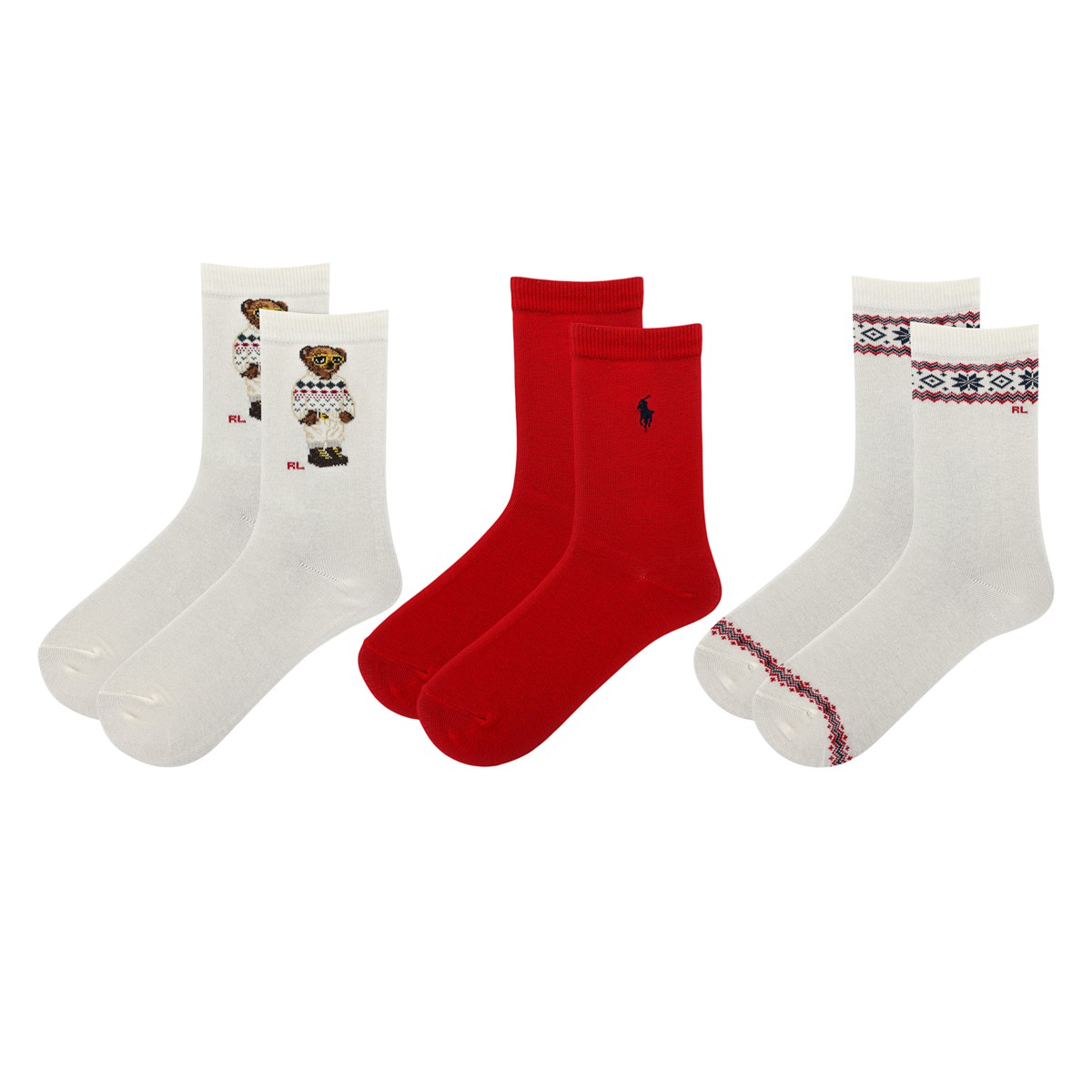 Paquet de 3 paires de chaussettes mi-mollet Polo Aviator Bear ivoire et rouges pour enfants
