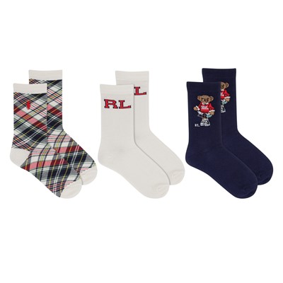 Paquet de trois paires de chaussettes Polo School Bear blanches, rouges et bleues pour enfants